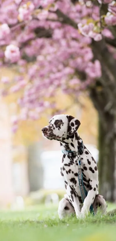 Dalmatian dog under pink cherry blossoms, perfect for a serene mobile wallpaper.