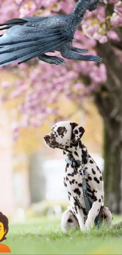 Dalmatian under cherry blossoms with a flying creature in a whimsical scene.