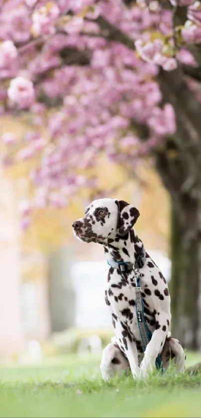 Dalmatian dog sitting under pink cherry blossom trees.