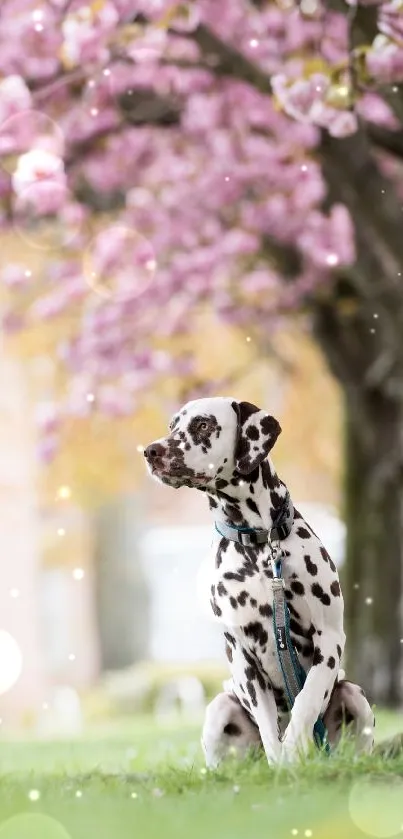 Dalmatian dog sitting under cherry blossoms with light bokeh effect.