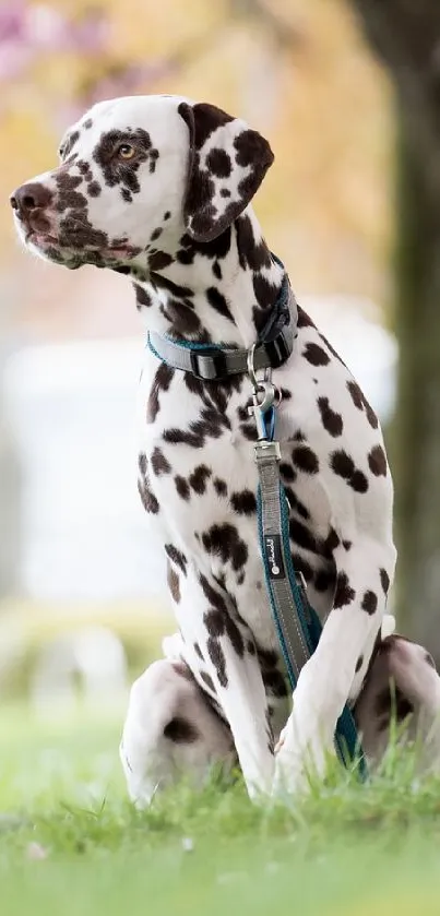 Dalmatian dog sitting under pink cherry blossoms.