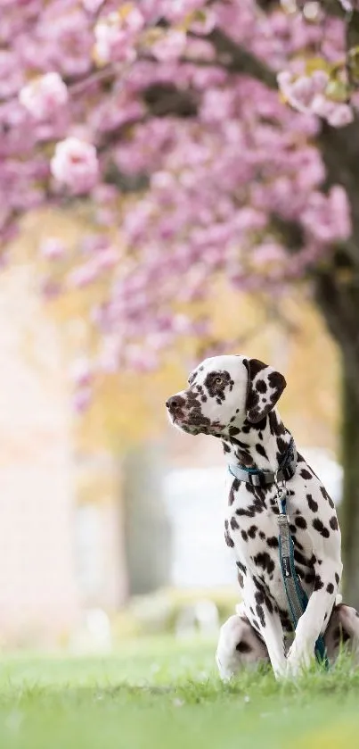 Dalmatian sitting under cherry blossoms in spring.