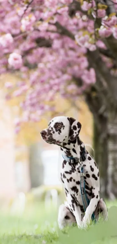 Dalmatian dog sits under blooming cherry blossoms.