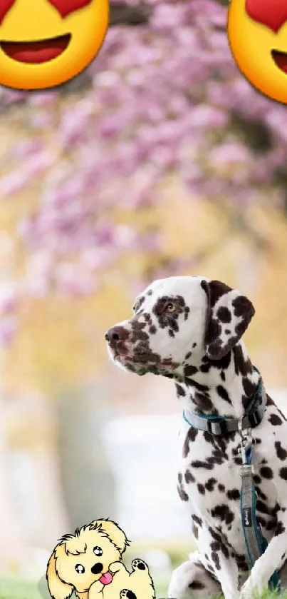 Dalmatian under pink cherry blossoms with emojis.