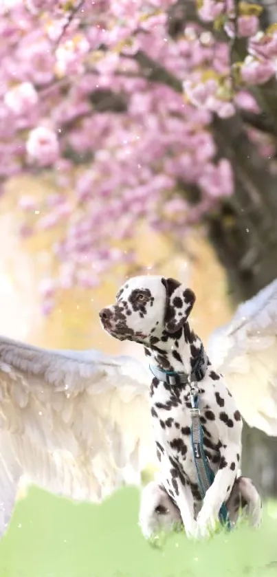 Dalmatian with angel wings under pink cherry blossoms.