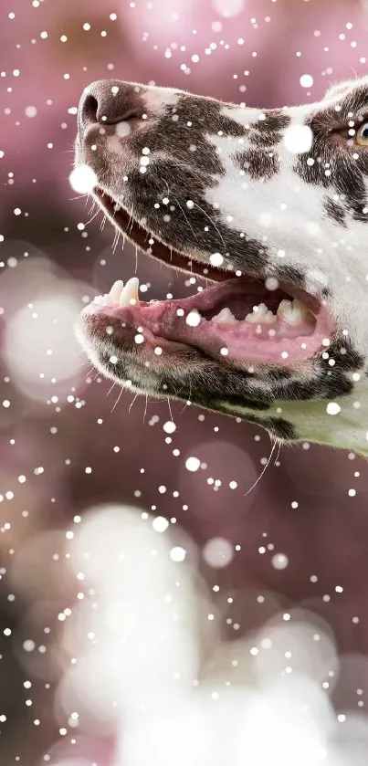 Dalmatian enjoying pink bokeh with snow, creating a dreamy scene.