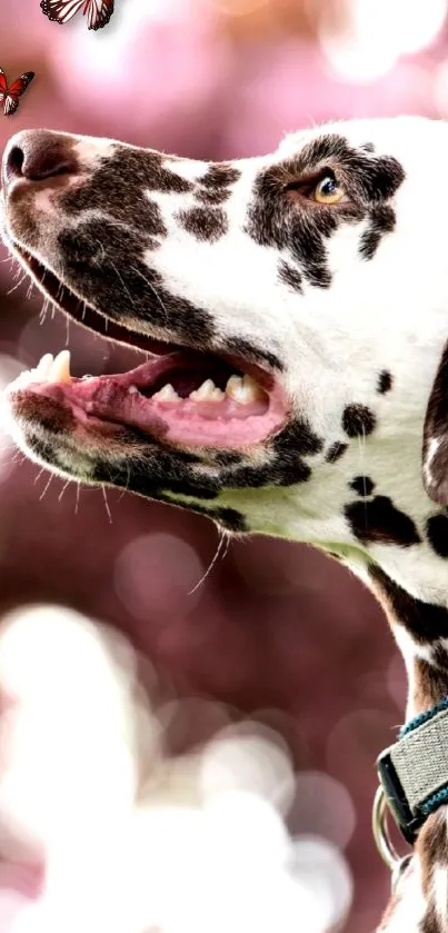 Dalmatian dog watches butterflies against a pink bokeh background.