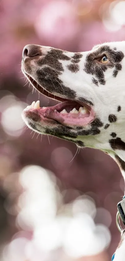 Dalmatian dog against cherry blossom backdrop.