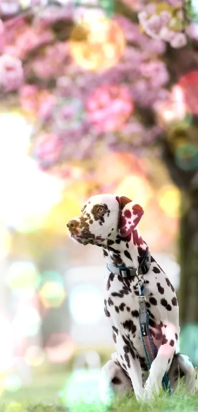 Dalmatian dog with cherry blossoms, vibrant spring mobile wallpaper.