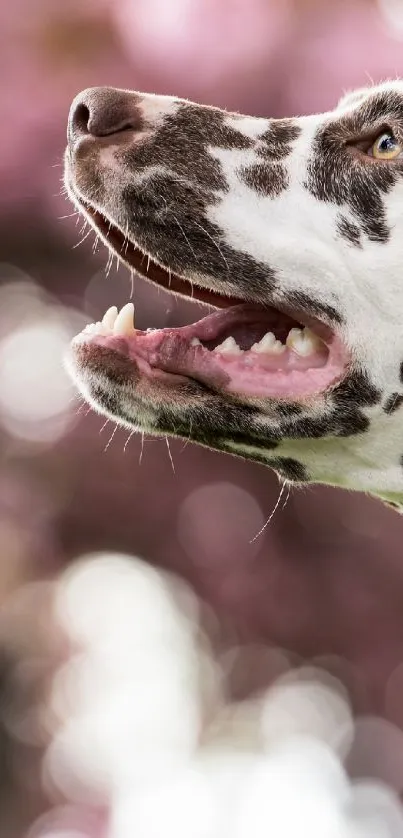 Dalmatian dog against a pink bokeh background.