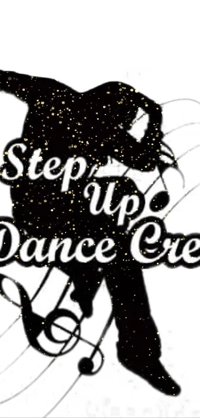 Silhouette of a dance crew with musical elements on a white background.