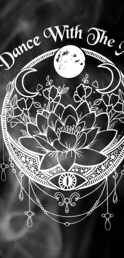 White mandala and moon design on black smoky background.