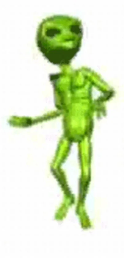 Green alien dancing on white background.