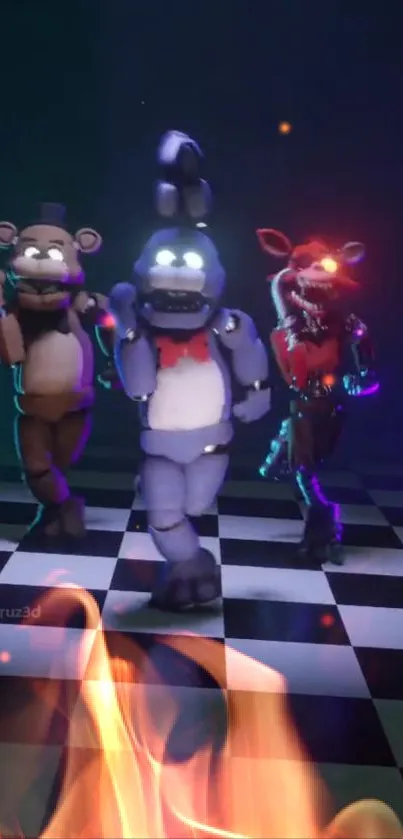 Three animatronic characters dance on a checkered floor with flames in the foreground.