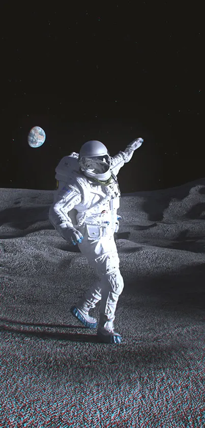 Astronaut dancing on moon with Earth in background.