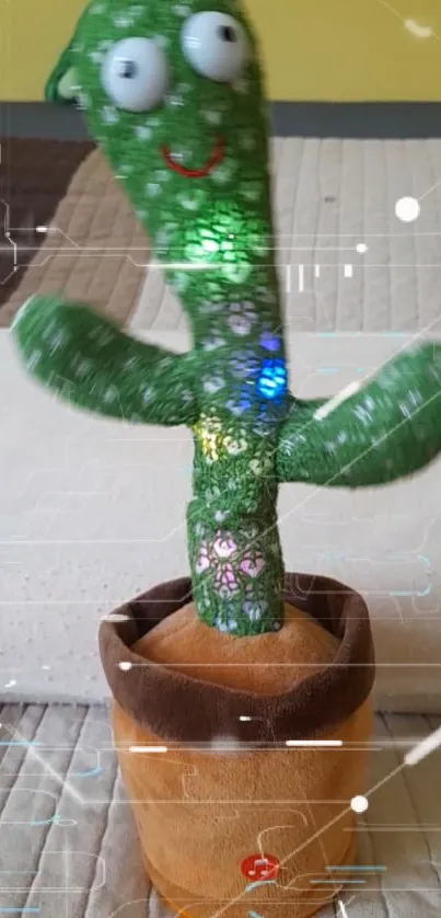 Playful green cactus toy glowing with LED lights in a colorful pot.