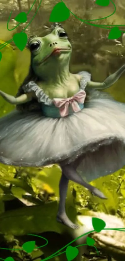 A whimsical frog dressed as a ballerina dancing in a lush green forest.