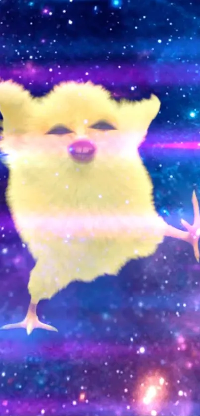 Fuzzy creature dancing in colorful galaxy scene.