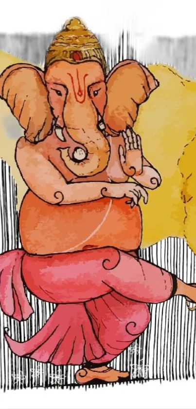 Dancing Ganesha in orange and pink hues on phone wallpaper.