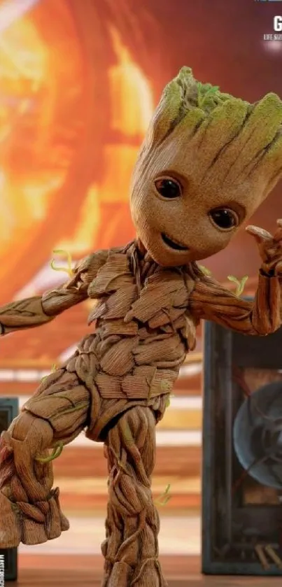 Dancing Groot from Guardians of the Galaxy, set against a vibrant background.