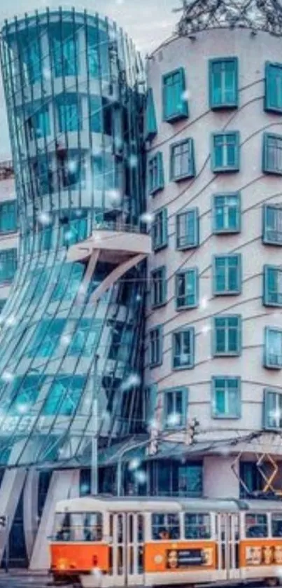 Dancing House with orange tram in cityscape wallpaper.