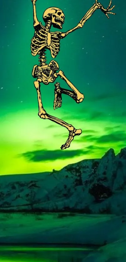 Skeleton dancing with northern lights in vibrant wallpaper.