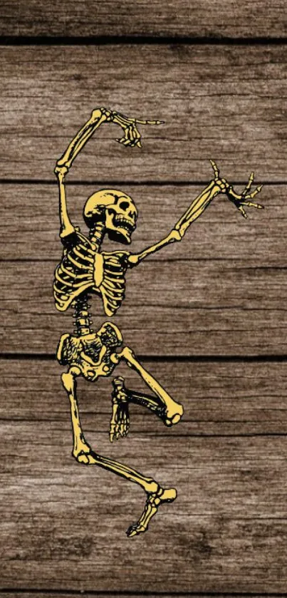 Golden skeleton dancing on rustic wooden background wallpaper.