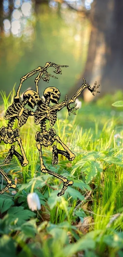 Whimsical skeletons dance in colorful forest wallpaper.