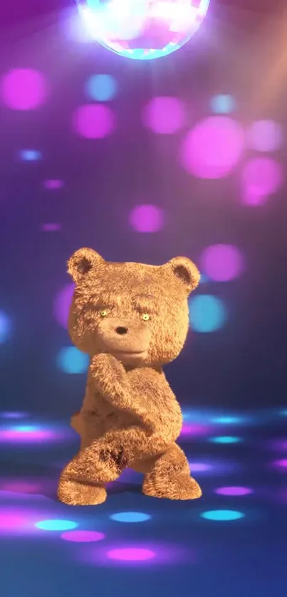 Teddy bear dancing under vibrant disco lights.