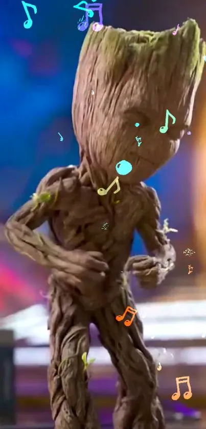 Dancing tree creature with vibrant musical notes.