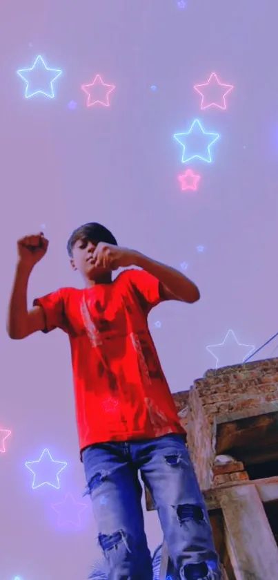 Young man dancing under neon starry sky with vibrant colors.