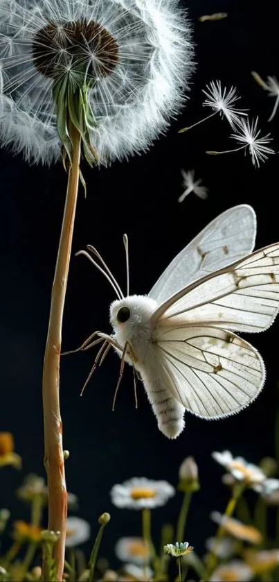White butterfly near dandelion on dark background.