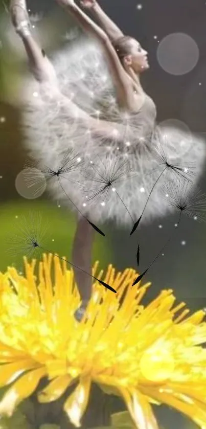 Ballet dancer blended with a dandelion against a dreamy background.