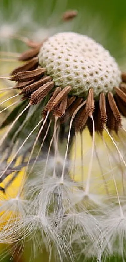 Close-up of a dandelion with a vibrant green and yellow background.