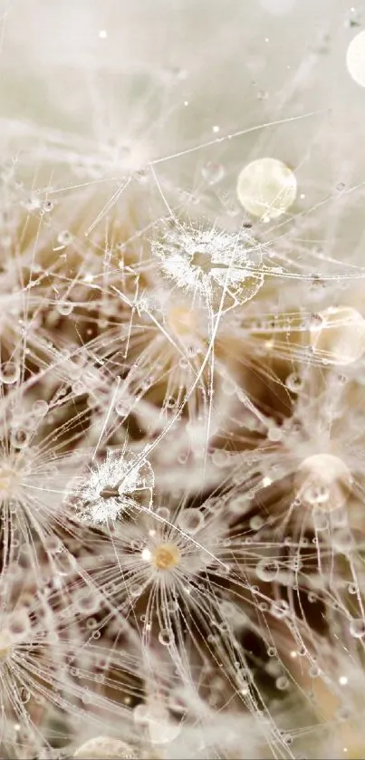 Close-up of a dandelion with delicate seeds and water droplets in soft focus.