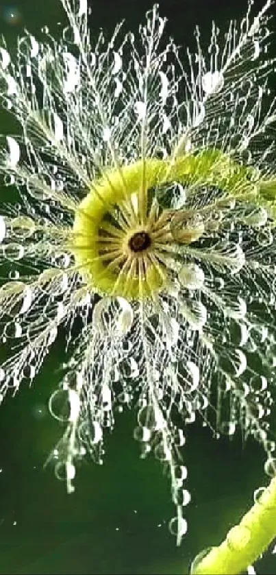 Dandelion covered in dew drops with a vibrant green background.