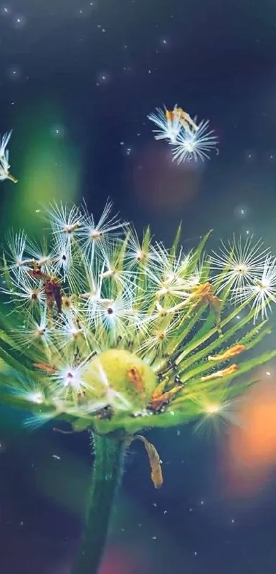 Close-up of dandelion seeds on a dark green background wallpaper.