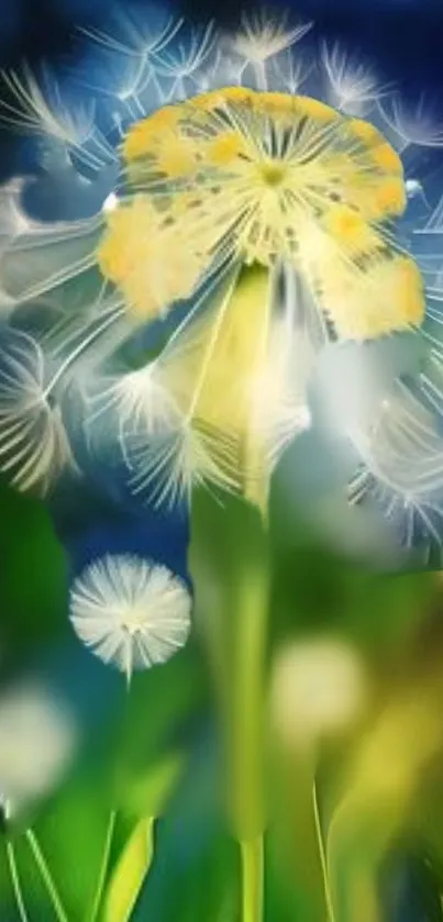 Ethereal dandelion art with vibrant greens and blues.