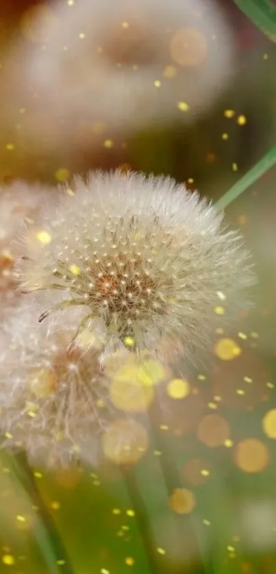 Dandelion with golden bokeh lights on mobile wallpaper.