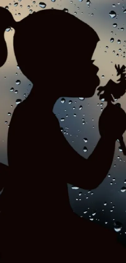 Silhouette of a girl with dandelions against rainy glass at sunset.