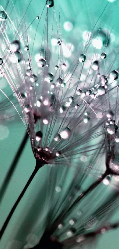 Dandelion seeds with water droplets in a teal and soft color background.