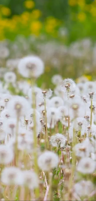 Serene field of white dandelions with vibrant green and yellow background.