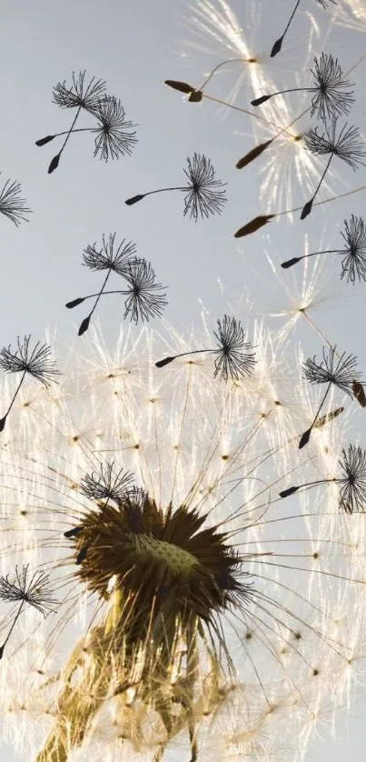 Dandelion seeds drifting against a pale blue sky wallpaper.