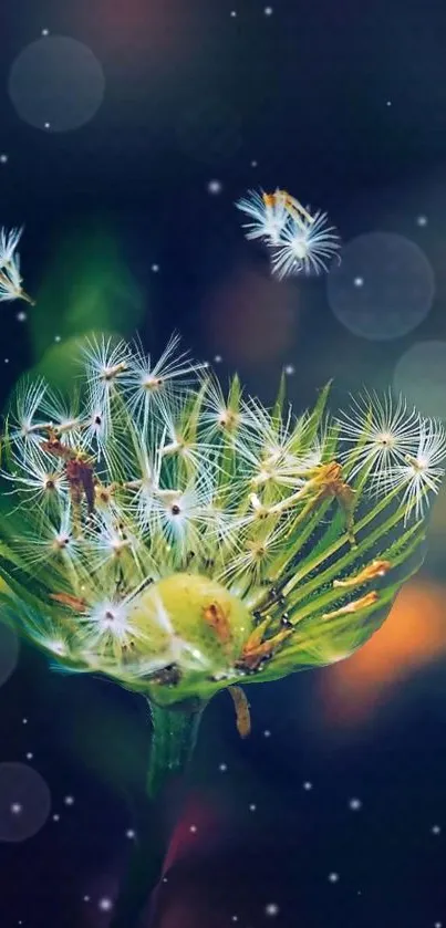 Ethereal dandelion with seeds floating on a dark background.