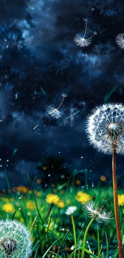 Dandelion seeds against a night sky.