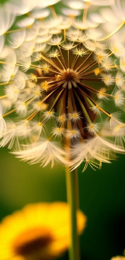 Close-up of a dandelion with green and yellow hues on a mobile wallpaper.