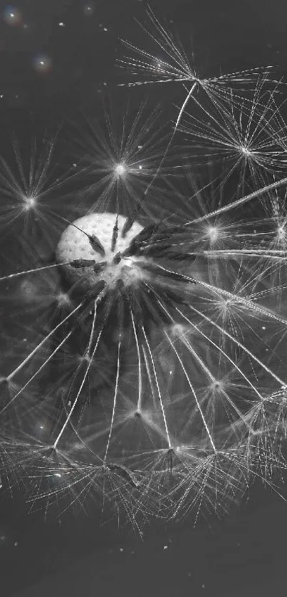 Black and white dandelion silhouette on dark background.