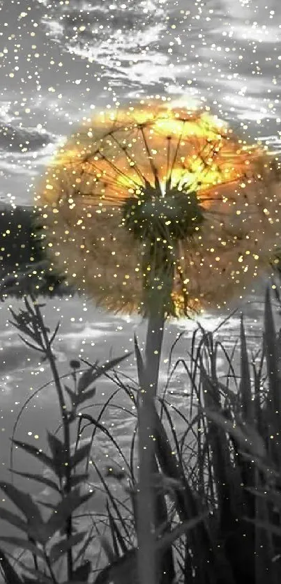Dandelion backlit by sunset over reflective lake.
