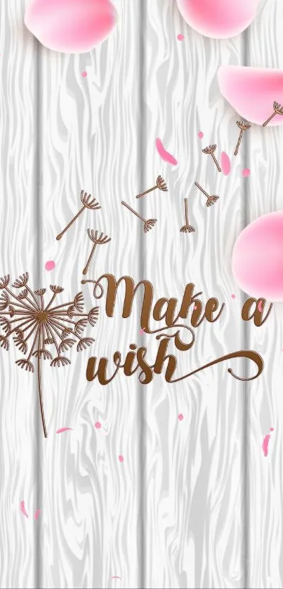 Dandelion and pink petals wallpaper with 'Make a wish' script.