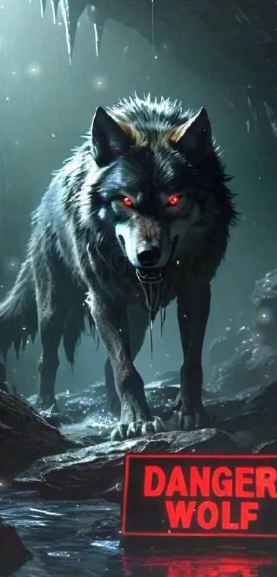 Fierce wolf with glowing eyes in cave.